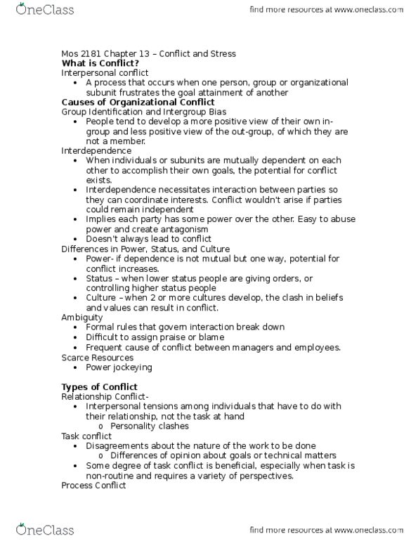 Management and Organizational Studies 2181A/B Chapter Notes - Chapter 13: Absenteeism, Organizational Conflict, Stressor thumbnail