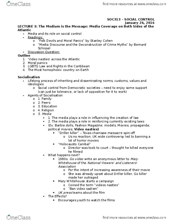 SOC313H1 Lecture Notes - Lecture 3: Social Control, Mary Whitehouse, Moral Panic thumbnail