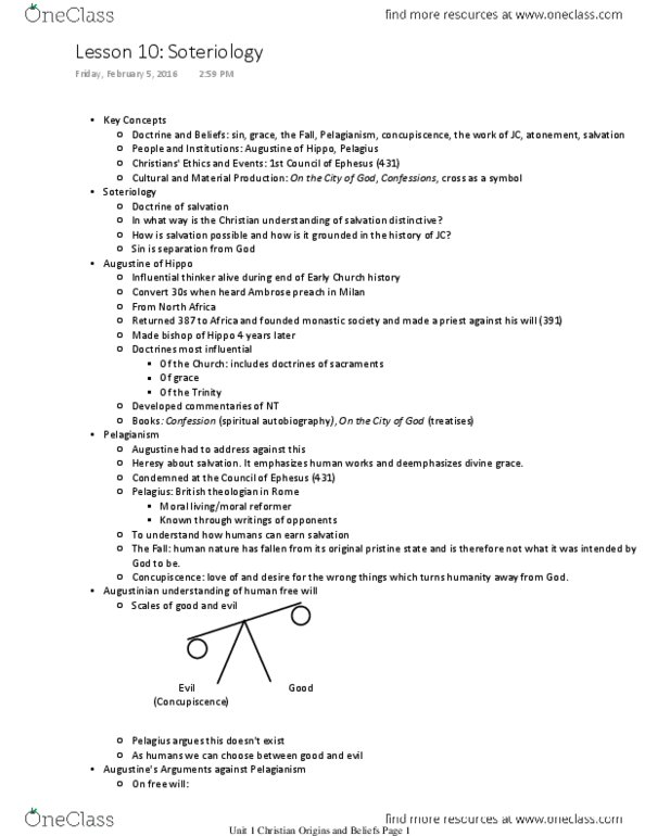 REL 1350 Lecture Notes - Lecture 10: Soteriology, Pelagianism, Concupiscence thumbnail