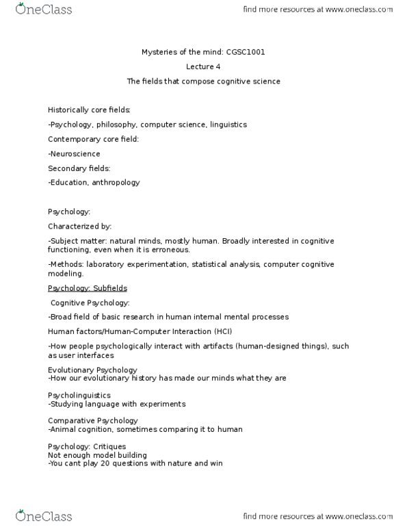 CGSC 1001 Lecture Notes - Lecture 4: Pragmatics, Qualia, Psycholinguistics thumbnail