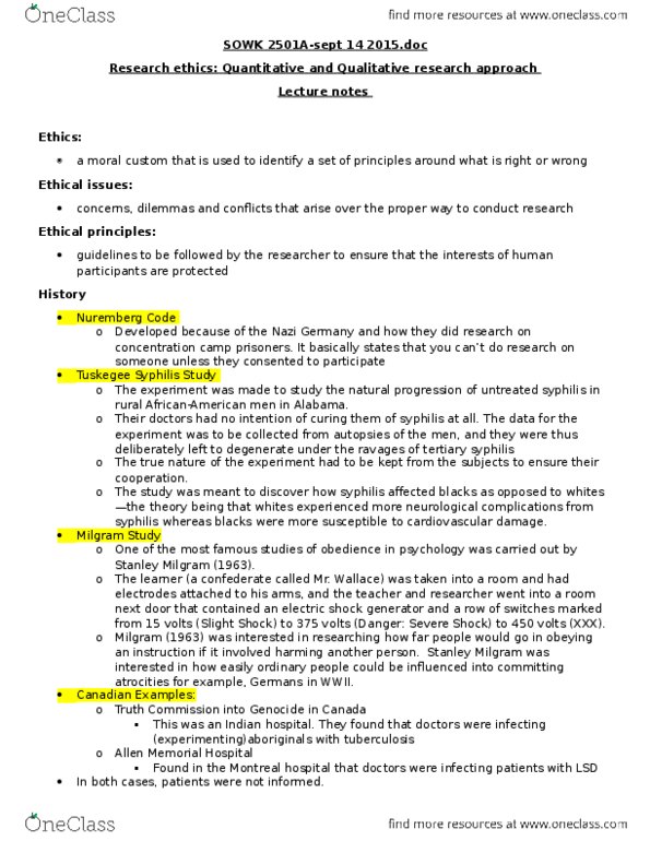 SOWK 2501 Lecture Notes - Lecture 2: Ethnography, Grounded Theory, Nuremberg Code thumbnail