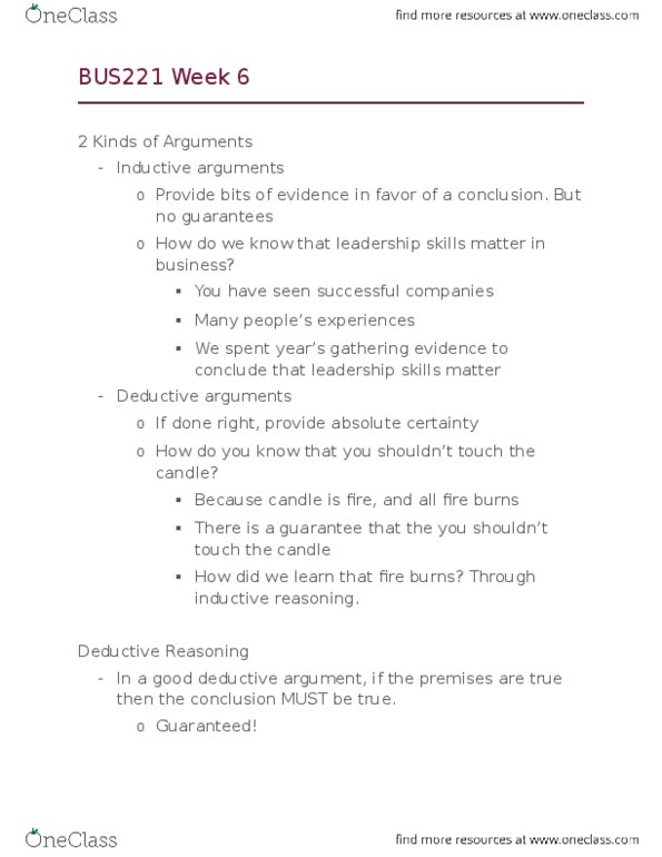 BUS 221 Lecture Notes - Lecture 6: Inductive Reasoning, Deductive Reasoning, Propositional Calculus thumbnail