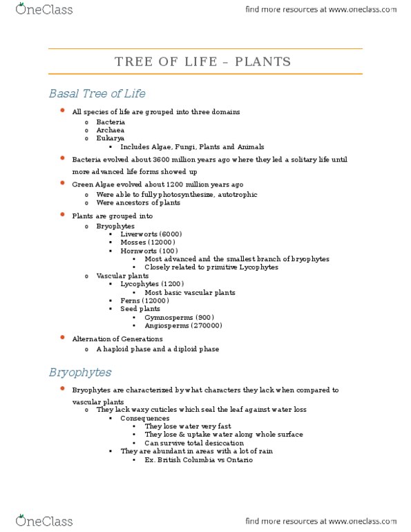 BIOA02H3 Lecture Notes - Lecture 1: Azolla, Eukaryote, Lycopodiophyta thumbnail