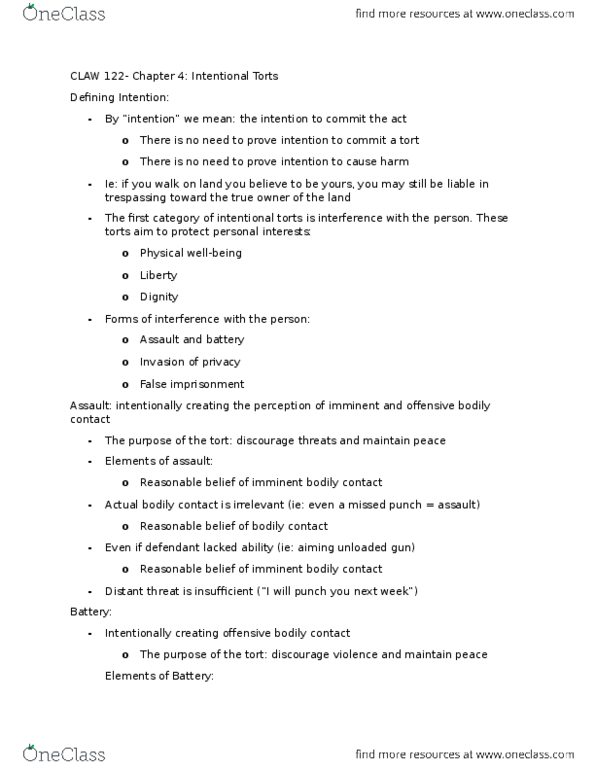 LAW 122 Chapter Notes - Chapter 4: Partial Defence, Tortious Interference, False Light thumbnail