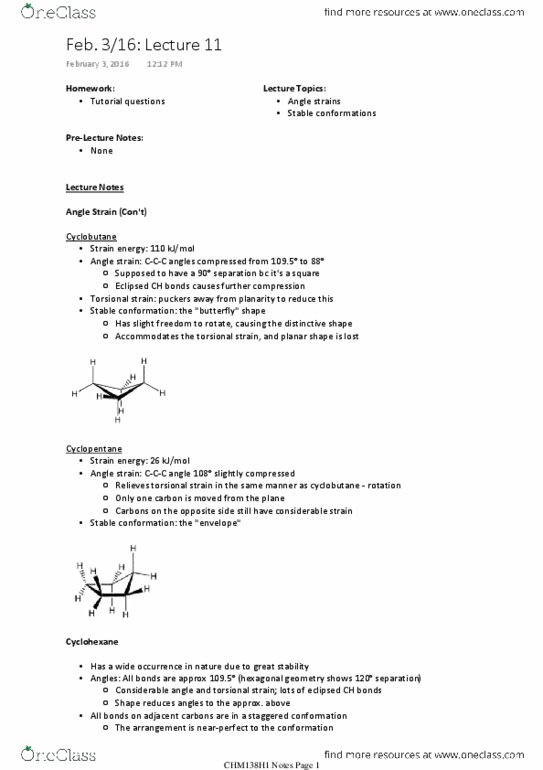 CHM136H1 Lecture Notes - Lecture 11: Staggered Conformation, Cyclobutane, Cyclohexane thumbnail