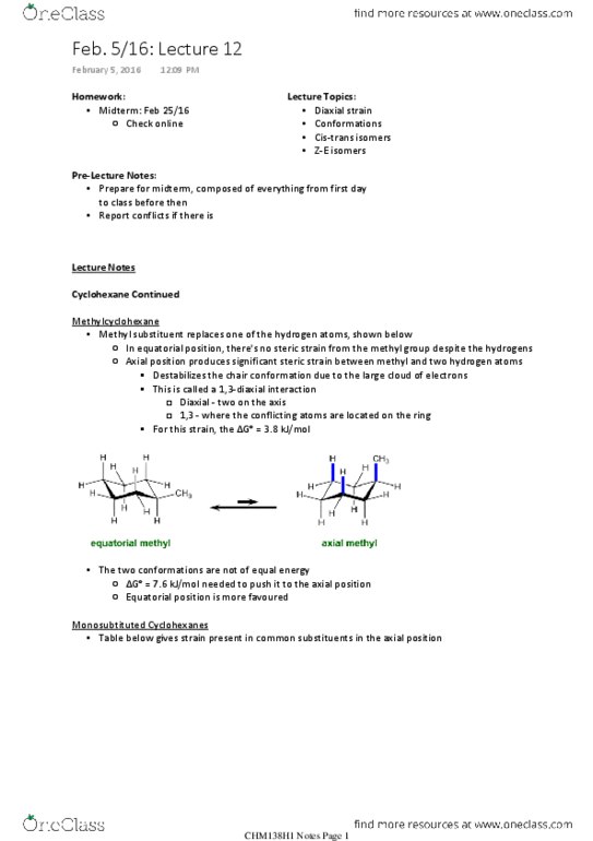 CHM136H1 Lecture Notes - Lecture 12: Cyclohexane, Van Der Waals Strain, Stereoisomerism thumbnail