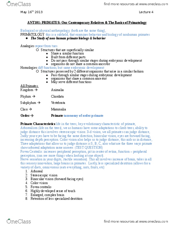 ANT101H5 Lecture Notes - Lecture 4: Shoulder Joint, Chordate, Quadrupedalism thumbnail