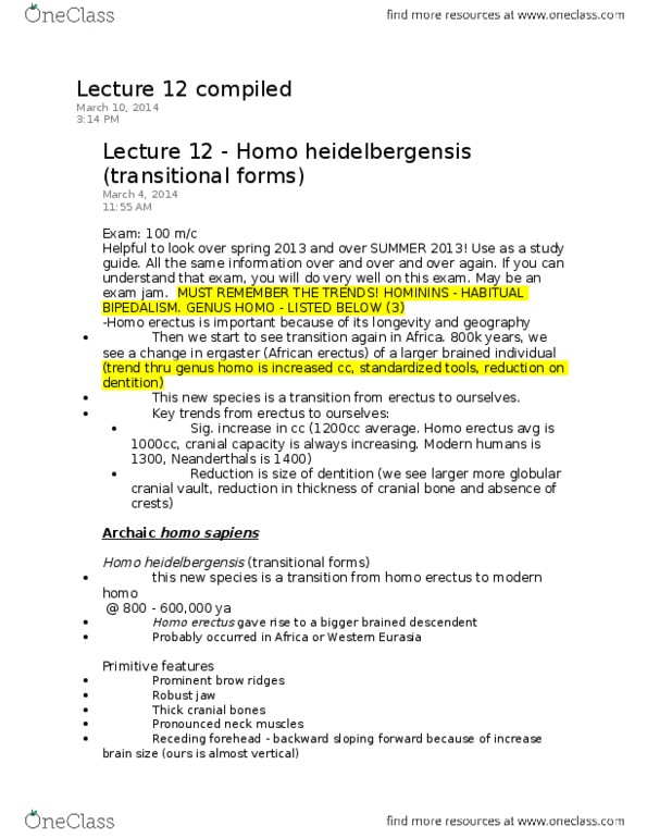 ANT101H5 Lecture Notes - Lecture 12: Prognathism, Mousterian, Stone Age thumbnail