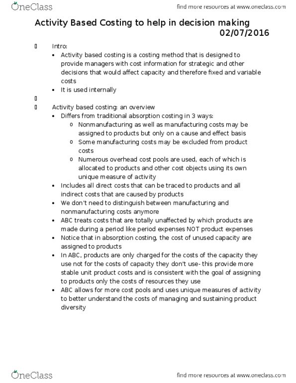 MGMT 122 Chapter Notes - Chapter 7: Cost Driver, Total Absorption Costing, Profit Margin thumbnail