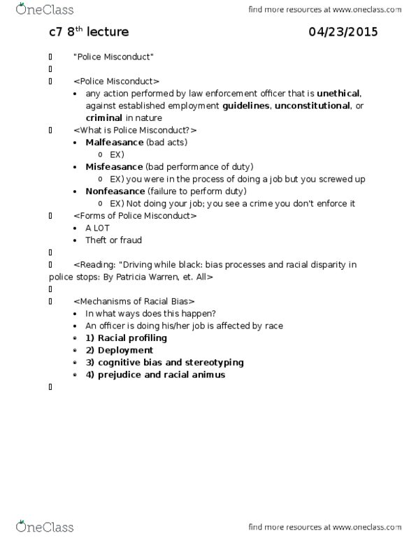 CRM/LAW C7 Lecture Notes - Lecture 8: Racial Profiling, Highway Patrol, Cognitive Bias thumbnail