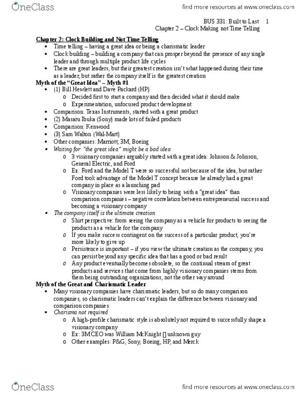 BUS 331 Chapter Notes - Chapter Built to Last 2: David Packard, William Redington Hewlett, James Stillman thumbnail