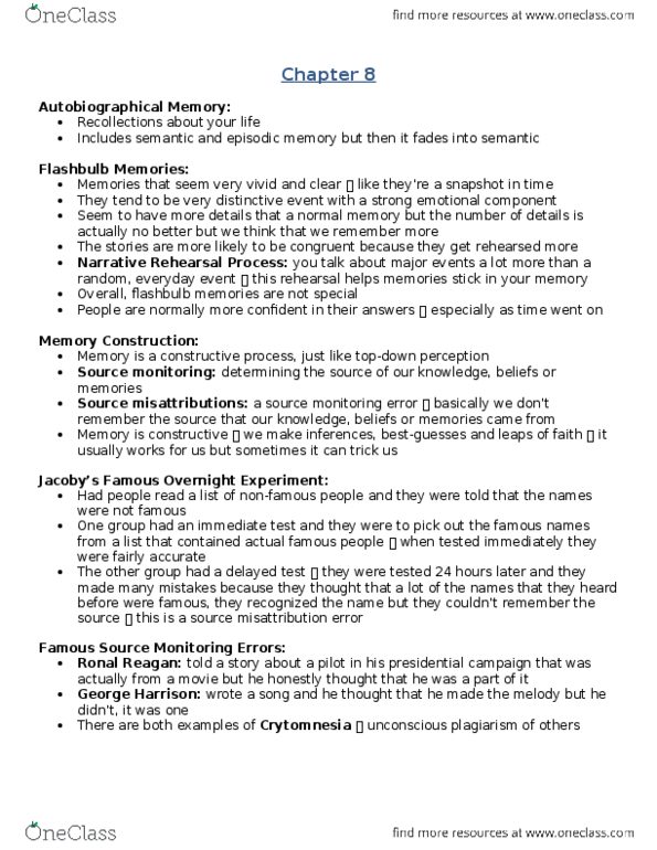 Psychology 2135A/B Lecture Notes - Lecture 8: Mental Model, Source-Monitoring Error, Implicit Memory thumbnail