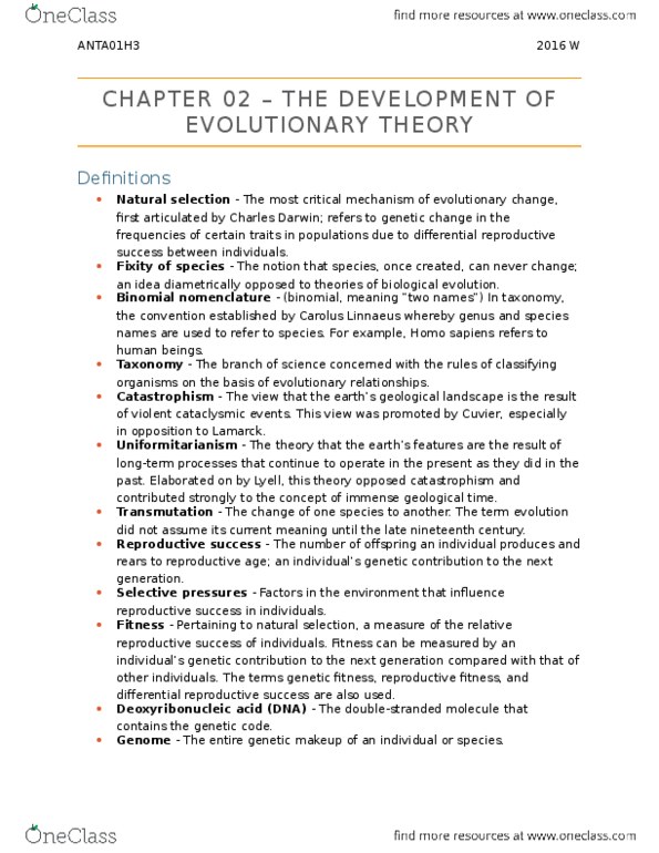 ANTA01H3 Chapter Notes - Chapter 2: Catastrophism, Carl Linnaeus, Scientific Revolution thumbnail
