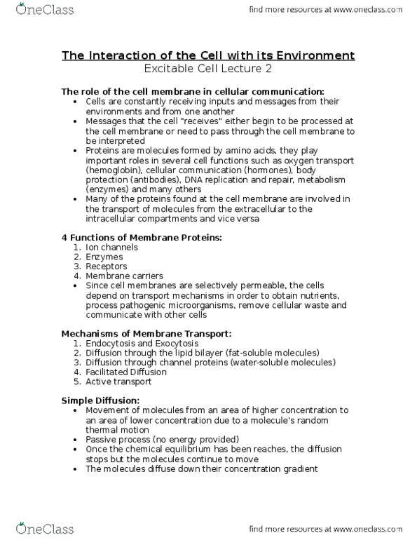 Physiology 1021 Lecture Notes - Lecture 2: Autocrine Signalling, Lipid Bilayer, Passive Transport thumbnail