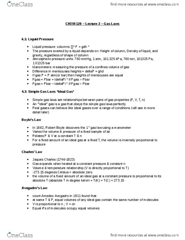 CHEM 120 Lecture Notes - Lecture 2: Stoichiometry, Gas Laws, Atmospheric Pressure thumbnail