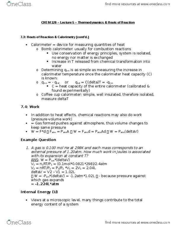 CHEM 120 Lecture Notes - Lecture 5: Thermodynamics, System 7, Calorimetry thumbnail