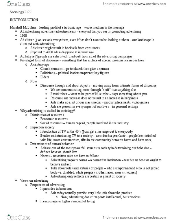 Sociology 2172A/B Lecture Notes - Lecture 1: Human Capital, Consumerism, Determinant thumbnail