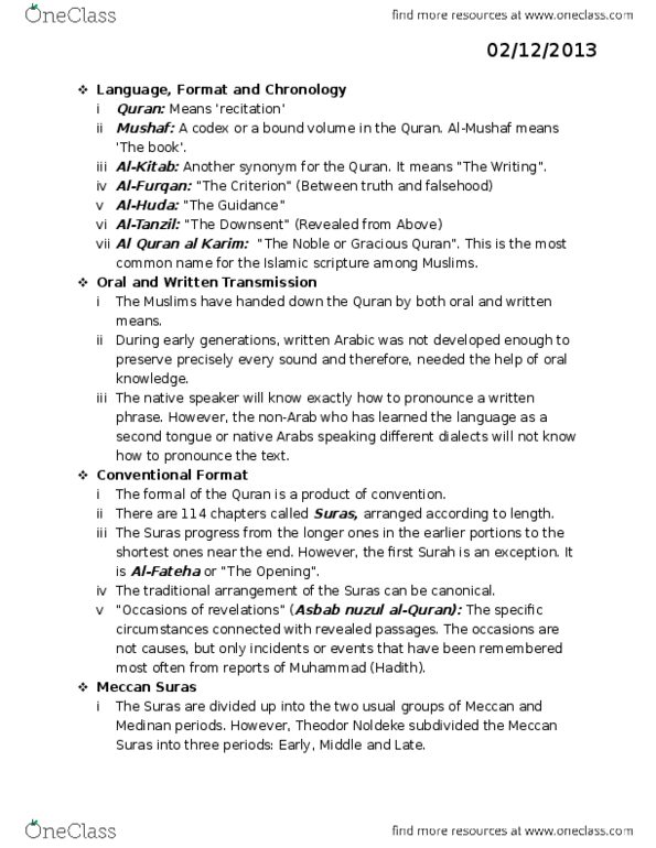 RLG204H5 Chapter Notes - Chapter 6: Mus'Haf, Quran Reading, Muhammad Abduh thumbnail