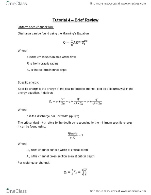 CVG 3116 Lecture Notes - Lecture 7: Manning Formula, Hydraulic Jumps In Rectangular Channels, Hydraulic Jump thumbnail
