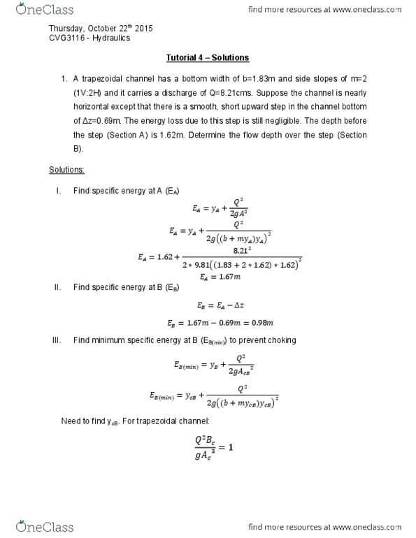 CVG 3116 Lecture Notes - Lecture 7: Froude Number, Hydraulic Jump, Sequent thumbnail