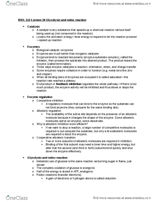 BIOL 112 Lecture Notes - Lecture 10: Pyruvic Acid, Competitive Inhibition, Enzyme Inhibitor thumbnail