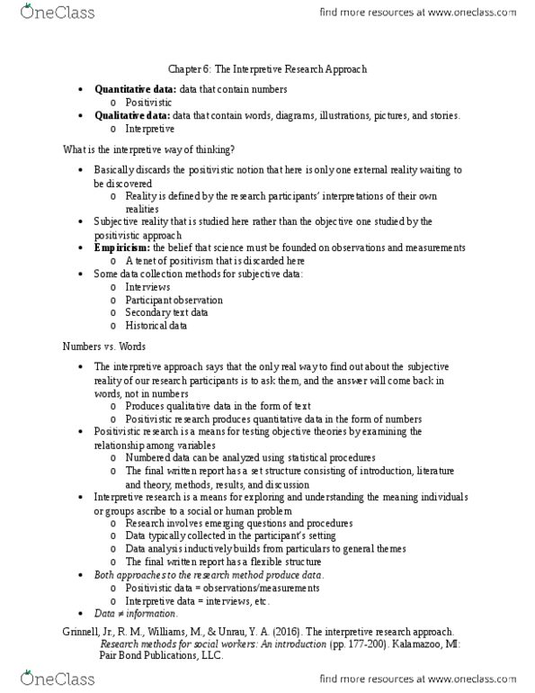 SW 300 Chapter Notes - Chapter 6: Michael Williams (Geographer), Empiricism, Feminist Theory thumbnail