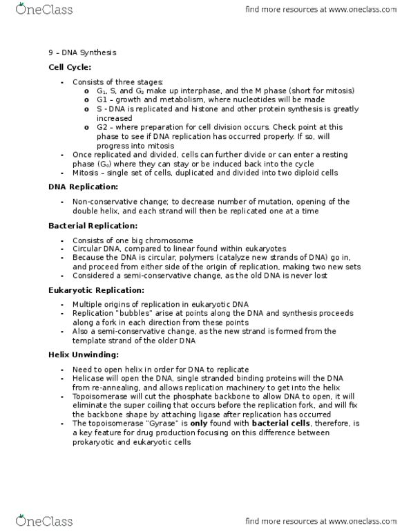 HTHSCI 1LL3 Lecture Notes - Lecture 9: Thymidine Triphosphate, Dna Gyrase, Eukaryotic Dna Replication thumbnail