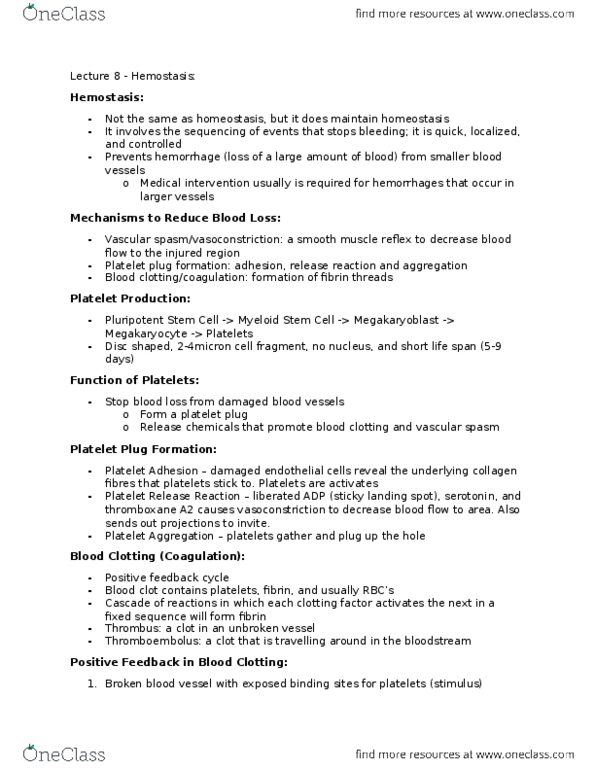 HTHSCI 1H06 Lecture Notes - Lecture 8: Blood Vessel, Hemostasis, Myeloid Tissue thumbnail