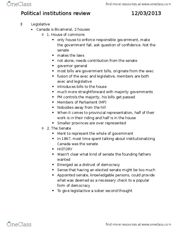 POL 2101 Lecture Notes - Lecture 15: Responsible Government, Liberal Democracy, Caucus thumbnail