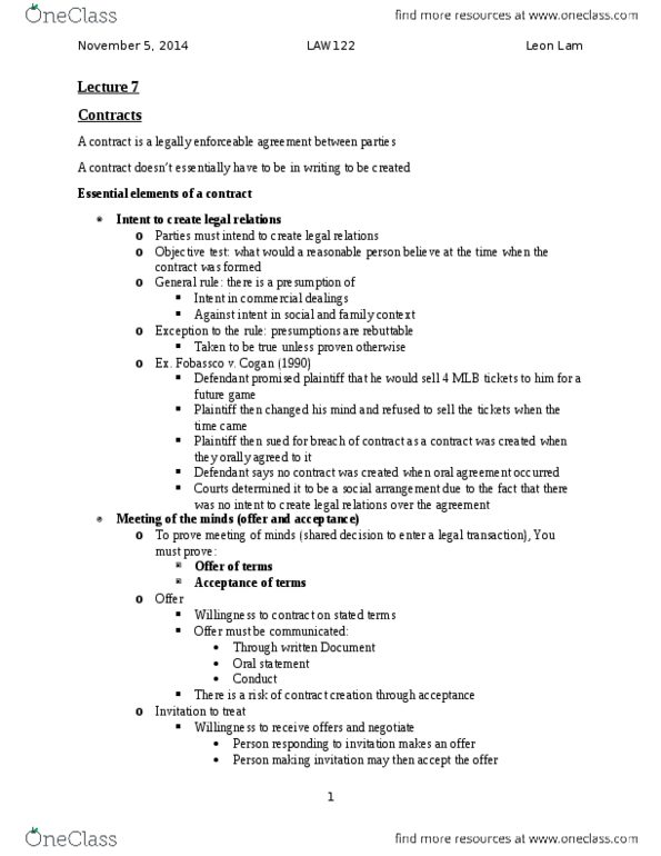 LAW 122 Lecture Notes - Lecture 7: Objective Test, Contract, Posting Rule thumbnail