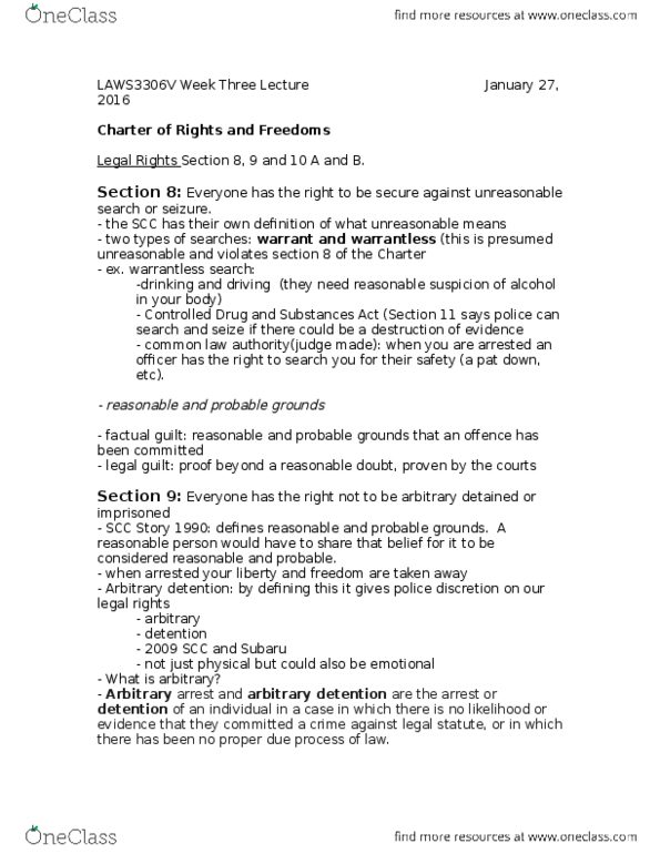 LAWS 3306 Lecture Notes - Lecture 3: Controlled Drug In The United Kingdom, Arbitrary Arrest And Detention thumbnail