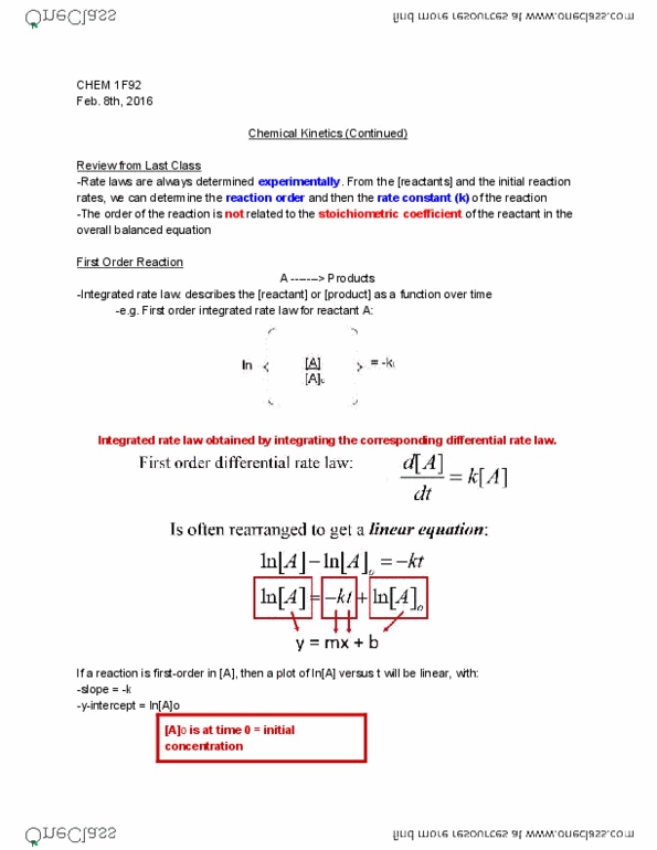 CHEM 1F92 Lecture Notes - Lecture 16: Rate Equation, Reaction Rate Constant thumbnail