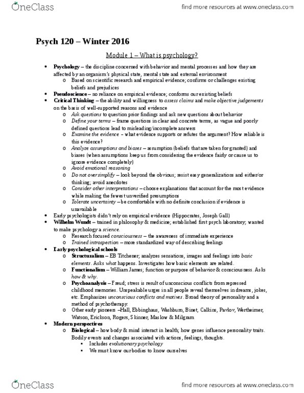 PSY 120 Lecture Notes - Lecture 1: Edward B. Titchener, Pseudoscience, List Of Psychological Schools thumbnail