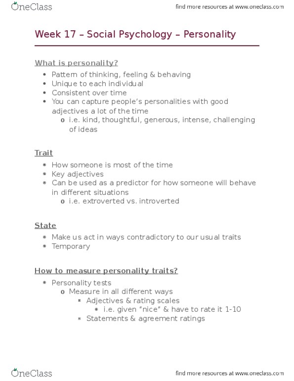 PSYC 100 Lecture Notes - Lecture 5: Personality Test, Individualism, Raymond Cattell thumbnail