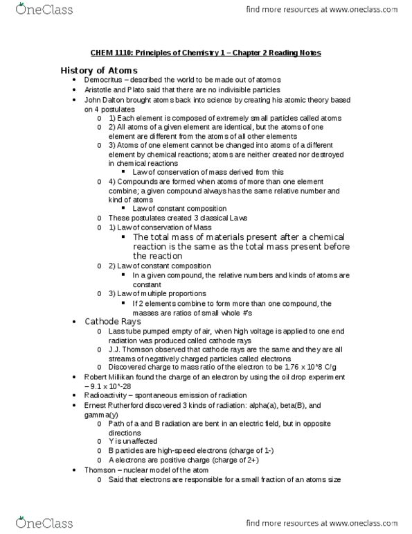 CHEM 1110 Chapter Notes - Chapter 2: Oil Drop Experiment, Bromine, Unified Atomic Mass Unit thumbnail