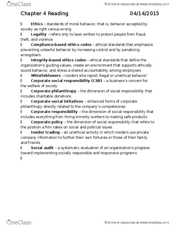MGMT 1 Chapter Notes - Chapter 4: Corporate Social Responsibility, Insider Trading thumbnail