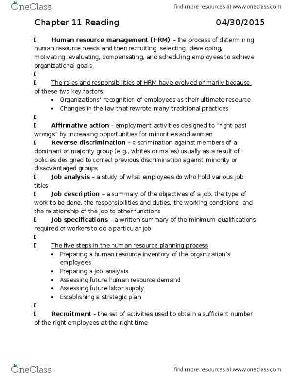 MGMT 1 Chapter Notes - Chapter 11: Human Resource Management, Reverse Discrimination, Job Analysis thumbnail