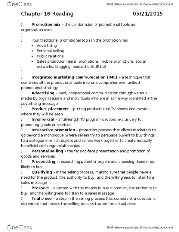 MGMT 1 Chapter Notes - Chapter 16: Sales Promotion, Infomercial, Personal Selling thumbnail
