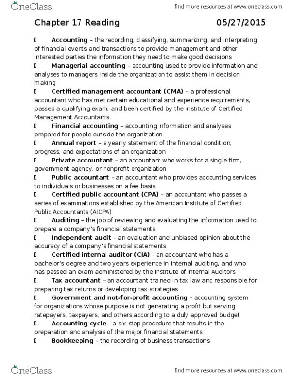 MGMT 1 Chapter Notes - Chapter 17: Certified Public Accountant, Institute Of Internal Auditors, Financial Statement thumbnail