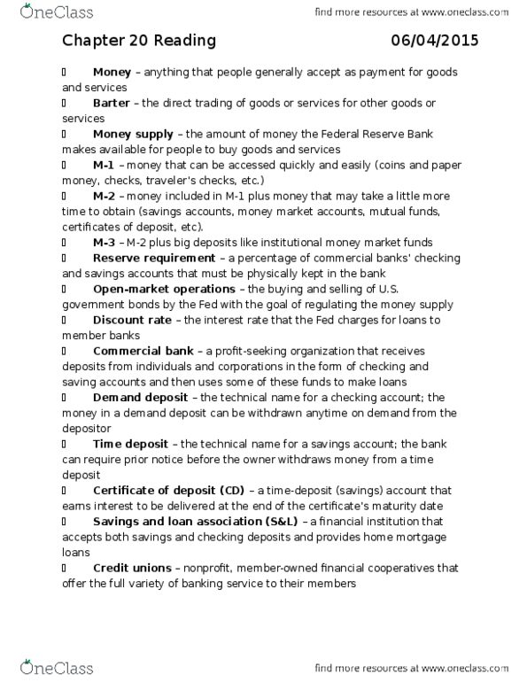 MGMT 1 Chapter Notes - Chapter 20: Money Market Fund, Time Deposit, Commercial Bank thumbnail