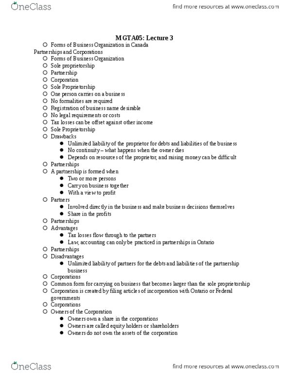 MGTA05H3 Lecture Notes - Lecture 3: Ontario Securities Commission, Sole Proprietorship, Privately Held Company thumbnail