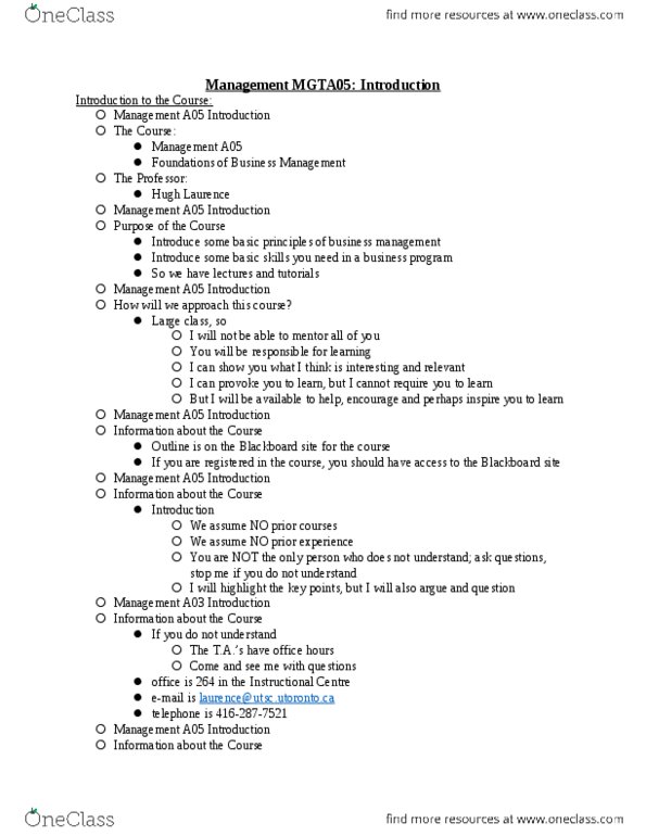 MGTA05H3 Lecture Notes - Lecture 1: Final Examination, Bachelor Of Business Administration, Osgoode Hall Law School thumbnail