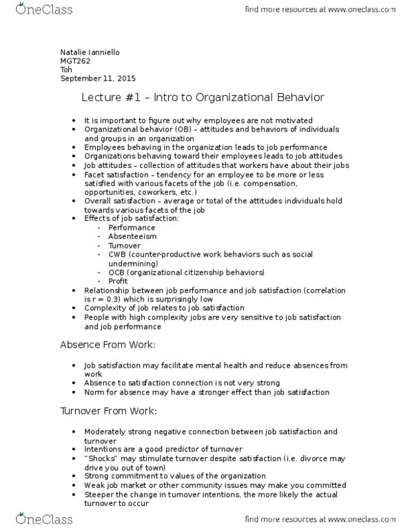 MGT262H5 Lecture Notes - Lecture 1: Job Satisfaction, Organizational Behavior, Job Performance thumbnail