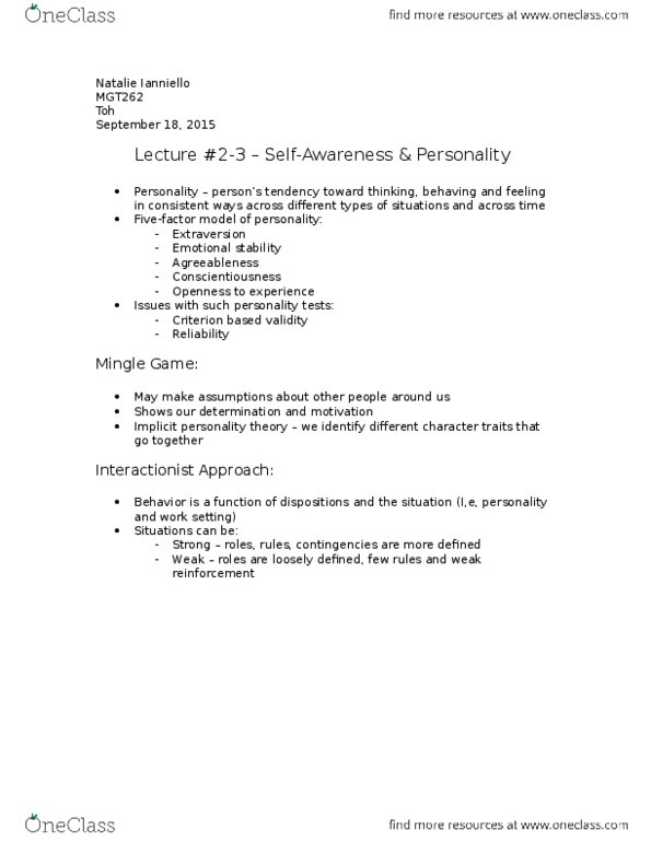 MGT262H5 Lecture Notes - Lecture 2: Self-Awareness, Conscientiousness, Social Skills thumbnail