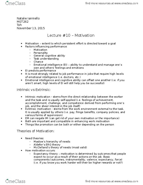 MGT262H5 Lecture Notes - Lecture 10: Motivation, Job Performance, Expectancy Theory thumbnail