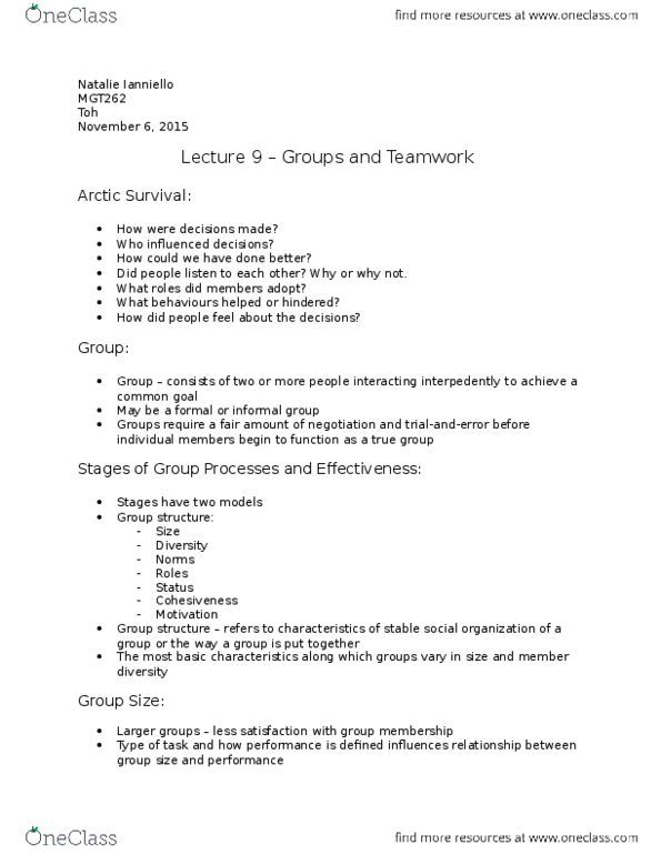 MGT262H5 Lecture Notes - Lecture 9: Role Conflict, Social Loafing thumbnail