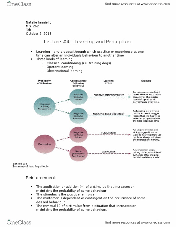 MGT262H5 Lecture Notes - Lecture 4: Machinist, Reinforcement, Observational Learning thumbnail