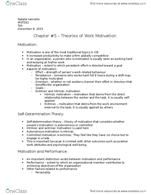 MGT262H5 Chapter Notes - Chapter 5: Work Motivation, Motivation, Theory-Theory thumbnail