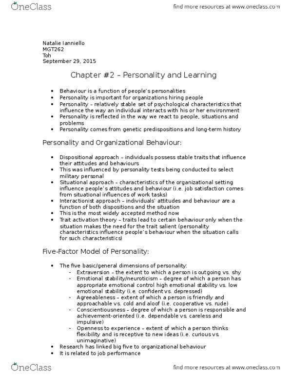 MGT262H5 Chapter Notes - Chapter 2: Job Satisfaction, Reinforcement, Job Performance thumbnail