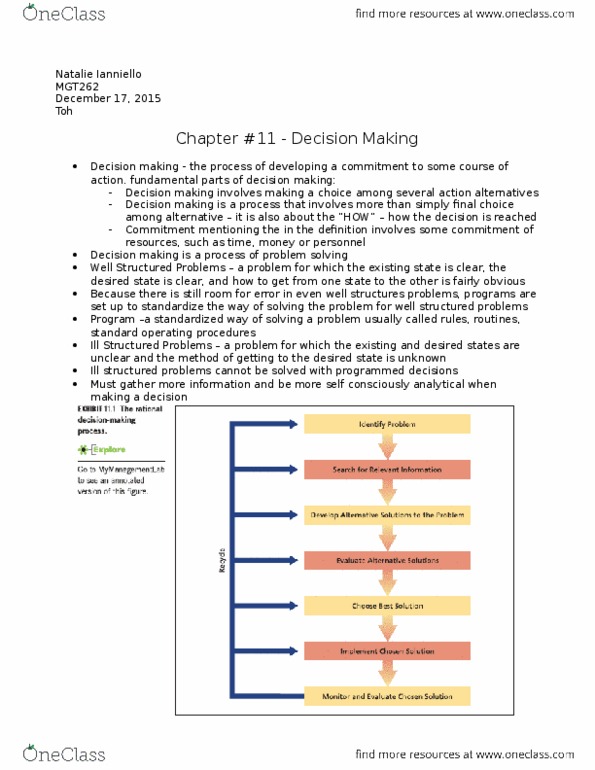 MGT262H5 Chapter Notes - Chapter 11: Decision-Making, Bounded Rationality, Sunk Costs thumbnail